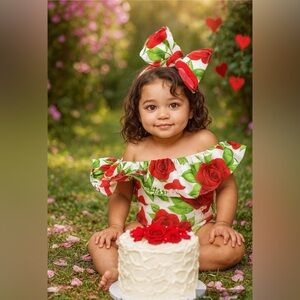 Valentin’s Day Rose Red and white Baby Romper with Headband and headwrap